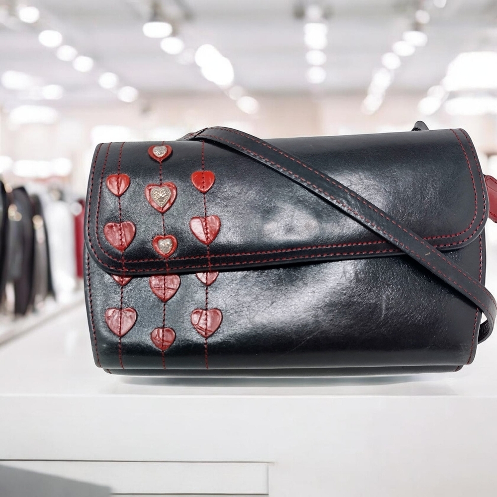 Brighton Leather Black Red Heart-Embellished Women's Bag